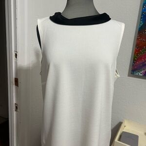 Sleeveless White Dress with Black Collar